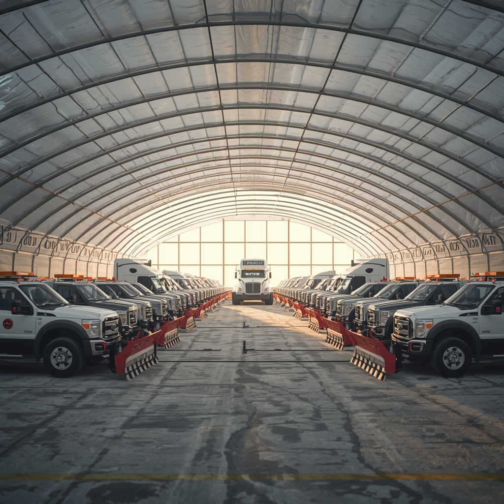 Municipal snow removal trucks and plows stored inside a large fabric hoop building for off-season equipment protection