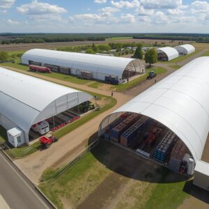 Modern fabric hoop buildings used for agricultural equipment, commodity, and livestock storage on a large farm